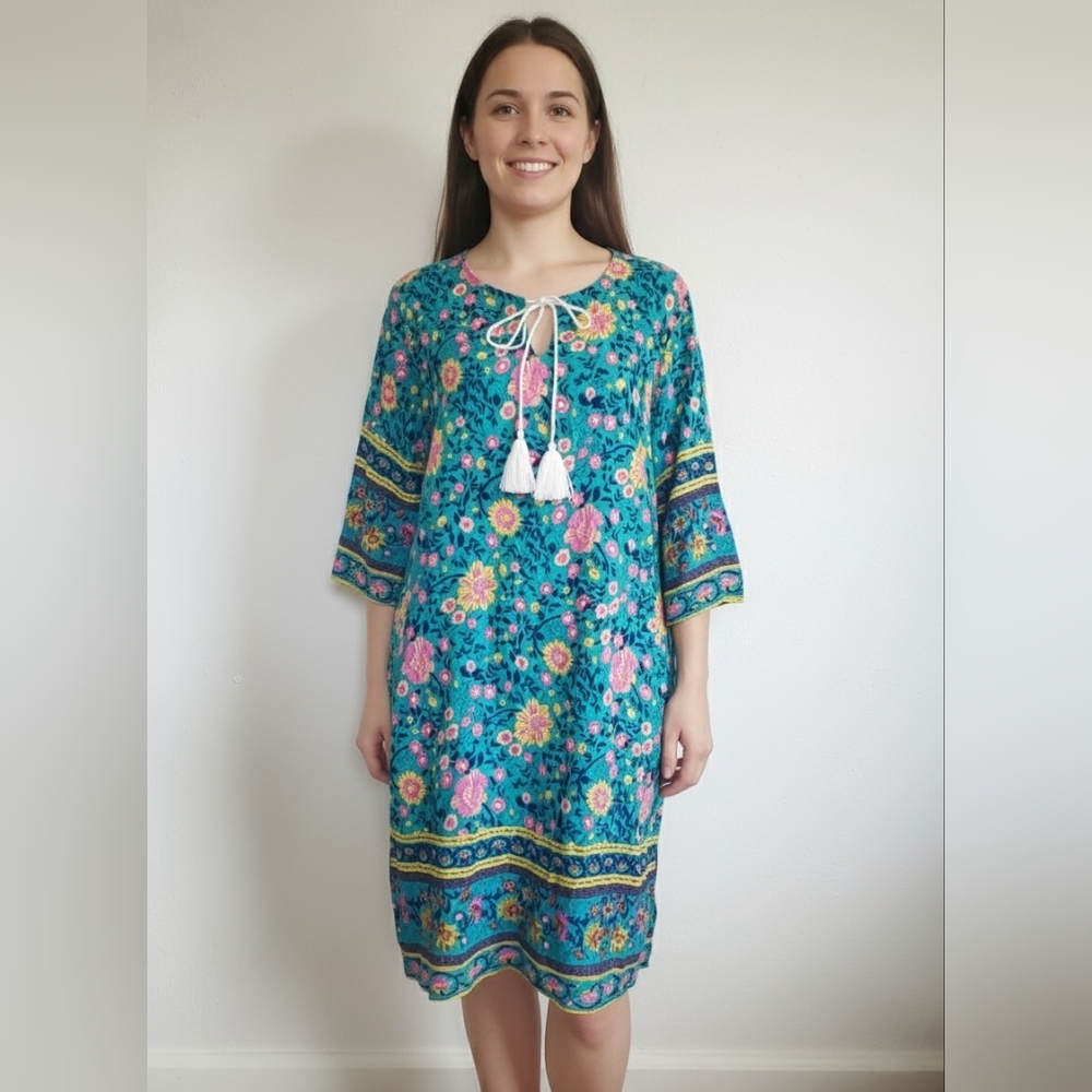 HALIFE Boho Floral Tassel Tunic Dress | Size L
